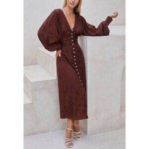 Elf Juliette Pearl Button Rayon Floral Midi Dress M In Chocolate Pearl.
